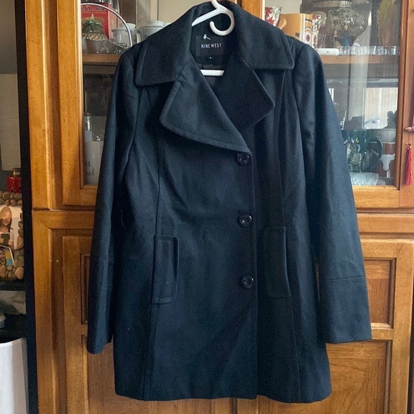 Nine West Black Double Breast belted Wool Blend Coat Size 8 - Picture 1 of 9